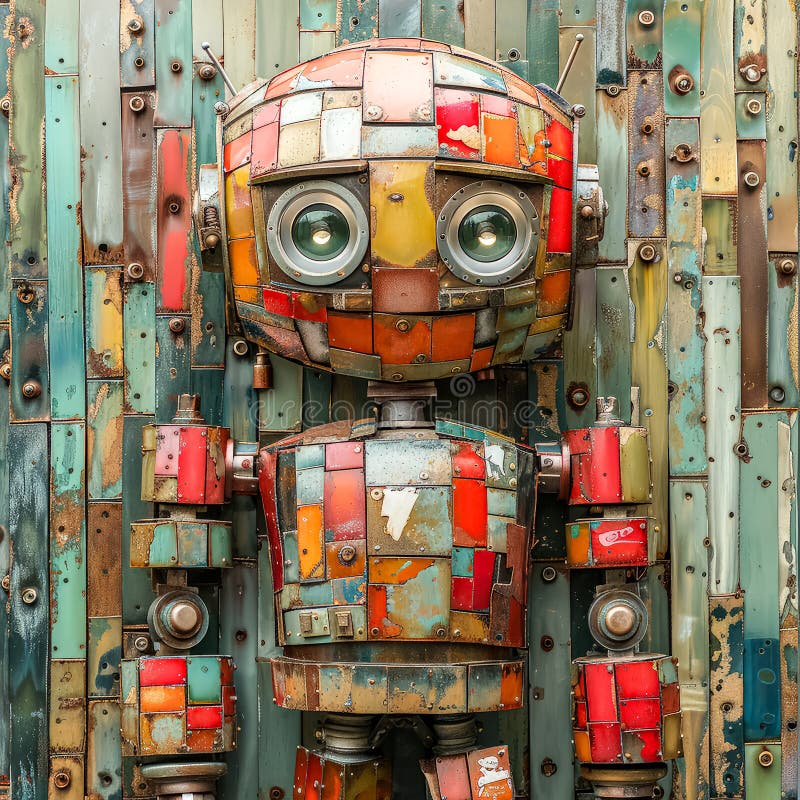 A robot made of tiles is sitting on a table. stock photos