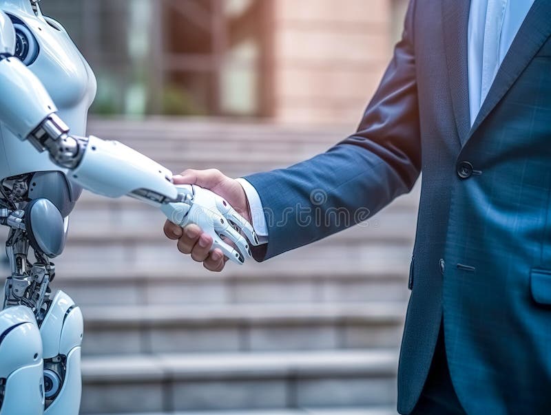 Robot and man shaking hands, people and technology, made with Generative AI royalty free illustration