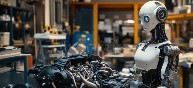 Robot Mechanic Analyzing Engine in Industrial Workshop, Advanced Technology and Automation, Futuristic Robotics Concept stock photos