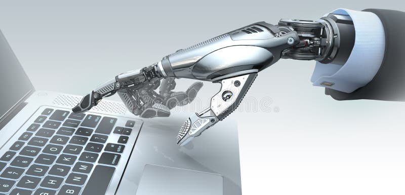 Robot typing laptop keyboard futuristic technology