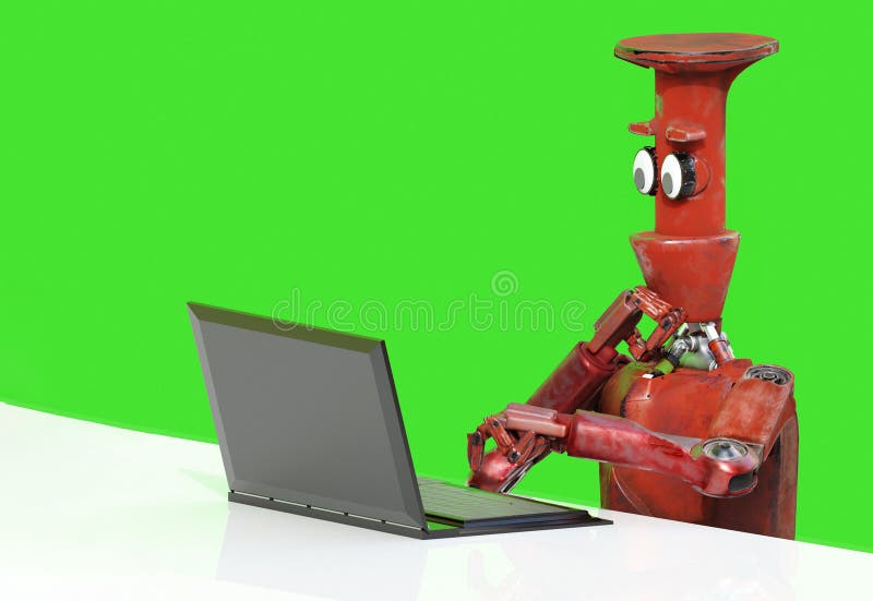 Robot med bärbara datorn 3d att framföra royaltyfri illustrationer