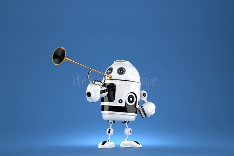Robot med den guld- trumpeten illustration 3d Proklamera ett specialt tillfälle Innehåller den snabba banan stock illustrationer Robot med den guld- trumpeten illustration 3d Proklamera ett specialt tillfälle Innehåller den snabba banan stock illustrationer