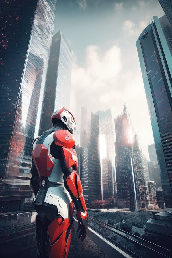 Robot med ett rött handskydd i cityscape generativ ai. Futuristiskt robotcitysslande med sliek- och vinkelrätt liggande byggnader över. I förgrunden står en robot med ett glansat rött visare som pekar på den avancerade teknik som måste finnas inom. generativ ai