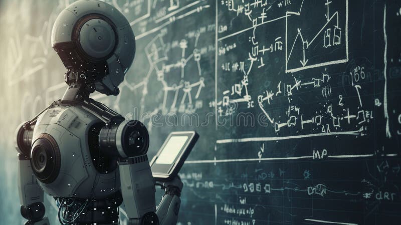 Robot med hjälp av mobiltelefon framför tavla vektor illustrationer
