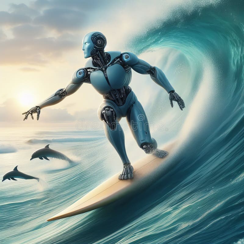 Robot med surfbräde i havet stock illustrationer
