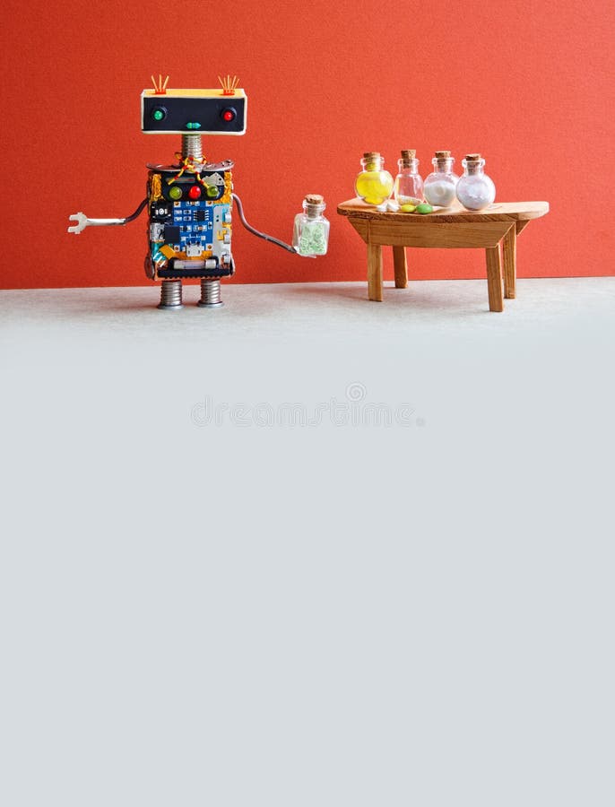 Robot medic pharmacist testing modern pills in glass bottles. Creative design laboratory interior. Red wall, gray floor stock images Robot medic pharmacist testing modern pills in glass bottles. Creative design laboratory interior. Red wall, gray floor stock images