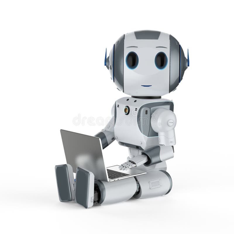 Robot mignon d'intelligence artificielle avec le carnet. Le robot de rendu 3d mignon d'intelligence artificielle avec le carnet d'ordinateur