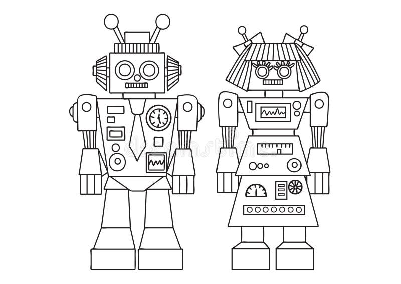 Robot mignon tiré par la main pour l'élément de conception et la page de livre de coloriage pour des enfants et des adultes Illus