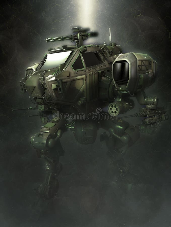 Robot militaire illustration 3d sur un fond foncé fantastique illustration de vecteur Robot militaire illustration 3d sur un fond foncé fantastique illustration de vecteur