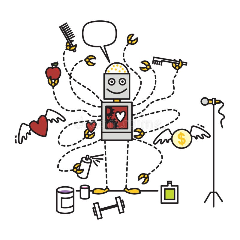 Robot moderno multitasking con mani multiple illustrazione vettoriale