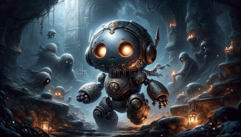 Robot in a Mysterious Sci-Fi Industrial Setting stock illustration