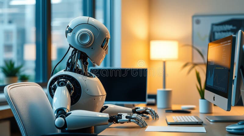 Robot operating a computer in a modern office, showcasing advanced technology stock photo