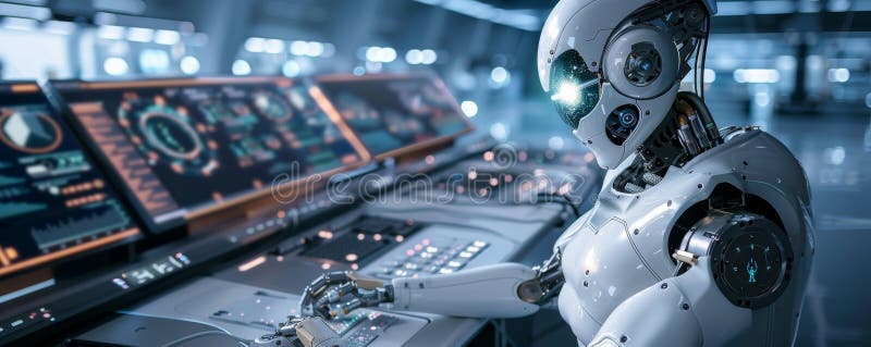 Robot operating control panel in futuristic setting royalty free stock images