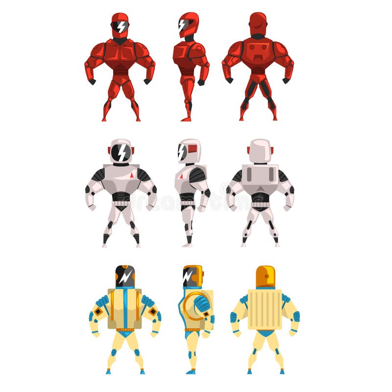 Robot ostumes set, superhero man vector Illustrations royalty free illustration