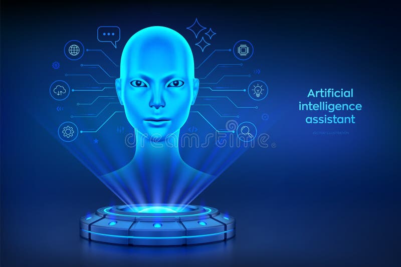 Robot parlanchín de IA. asistente de IA. agente de IA. Plataforma holográfica con rayos brillantes formando una proyección de cabe ilustración del vector
