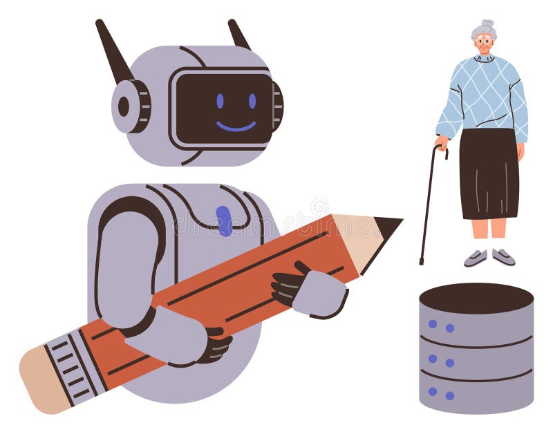 Robot Holding Pencil Near Elderly Woman and Database Server Representing AI-Driven Solutions vector illustration
