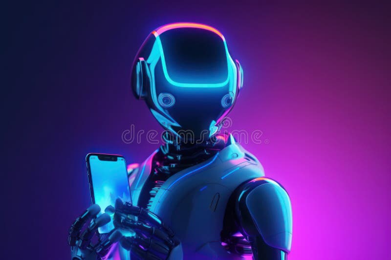 Robot with phone. New technologies. Artificial intelligence. GPT Chat. openAI. Wallpaper. Background. royalty free illustration