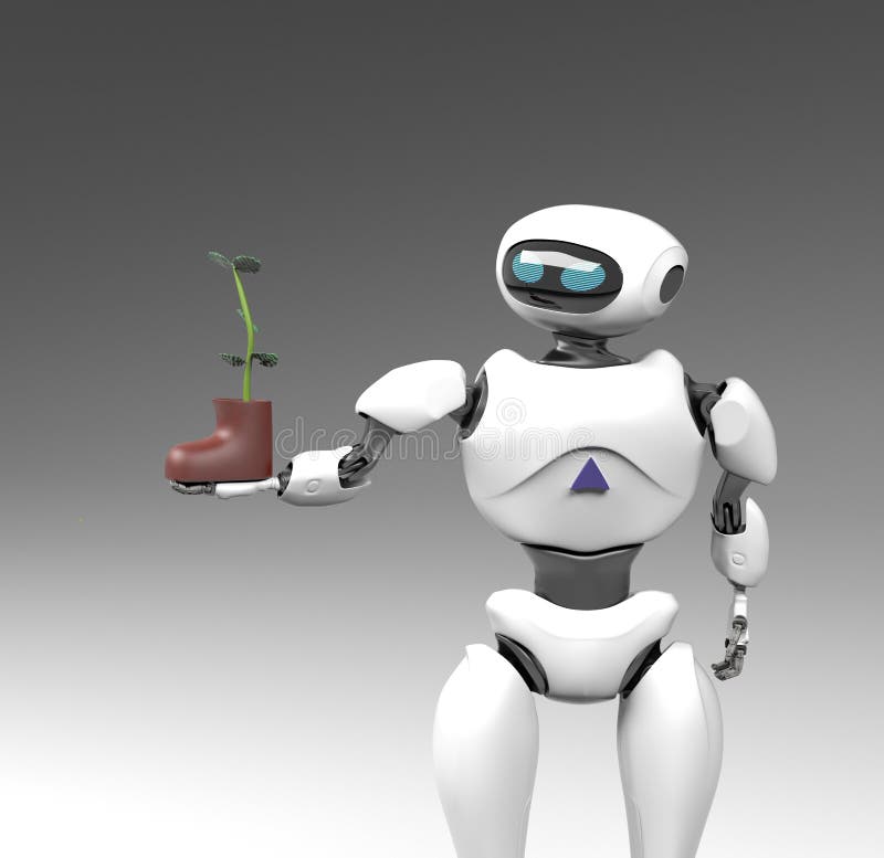 Robot with plant in shoe,isolated on grey bacground, 3d render