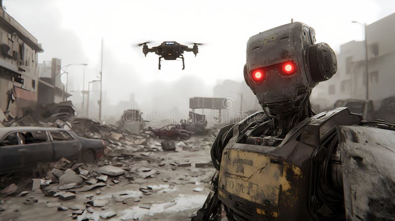 Robot policyjny patroluje zniszczone miasto z obserwacją dronów ilustracji