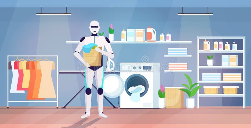 Robot putting dirty clothes into washing machine artificial intelligence technology housekeeping concept modern laundry stock illustration