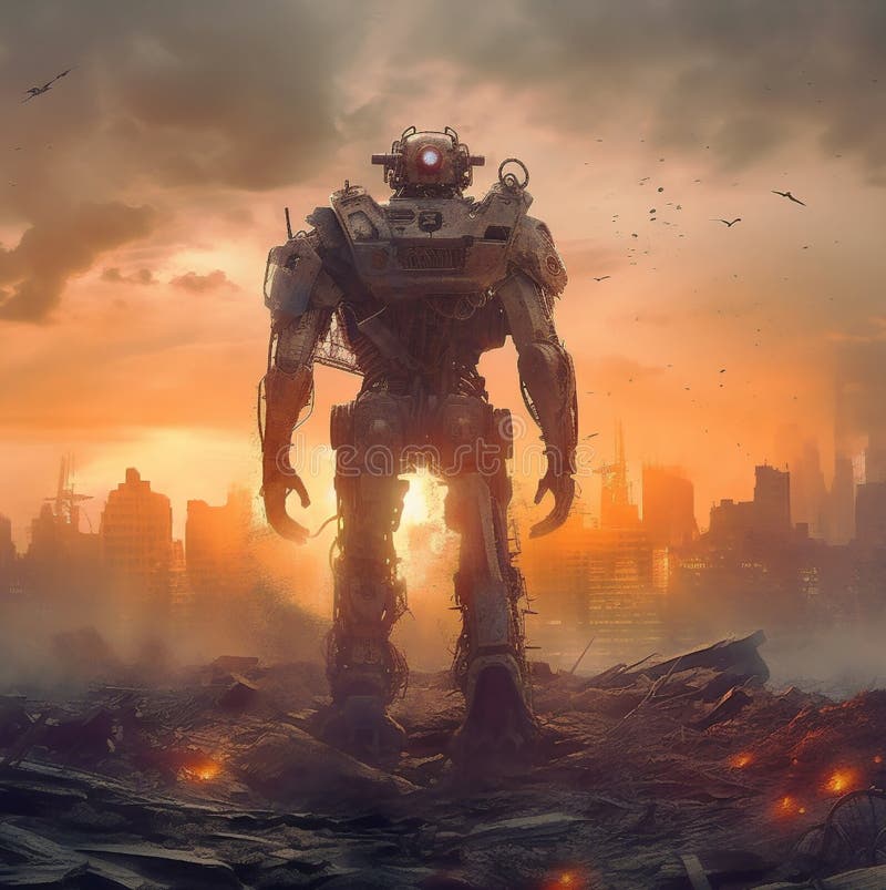 Robot que camina por los restos de la ciudad destruida en el futuro libre illustration