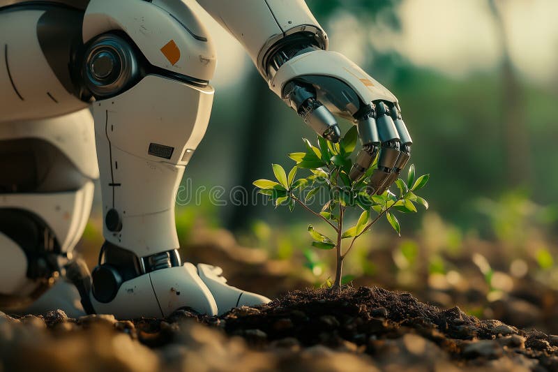 Robot qui s'adapte avec précision à une balai dans un jardin photo libre de droits