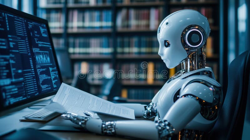 Robot reading in library, studying data and information stock photo
