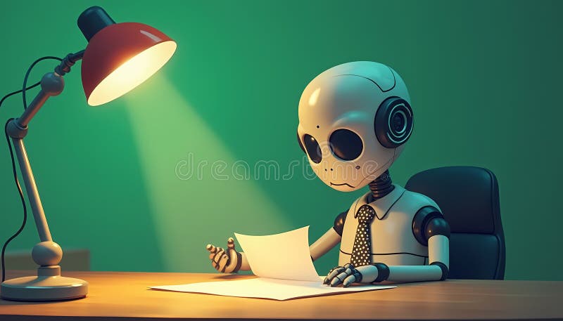 A robotic figure in business attire sits illuminated by a desk lamp, meticulously reviewing documents. The scene evokes a sense of late-night work or focused attention to detail, highlighting the intersection of technology and work. The robot's expression conveys a sense of concentration. Robots working futuristic office stock images, royalty-free photos and pictures