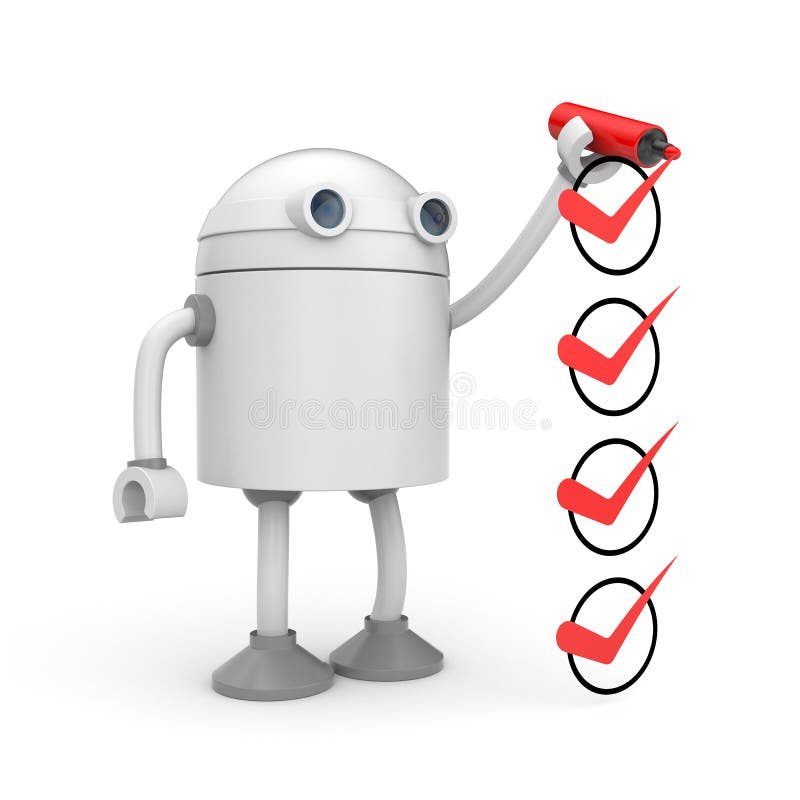 Robot and red checkmarks. Checklist metaphor stock illustration