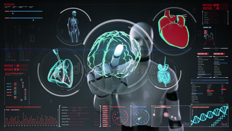 Robot rörande digital skärm för cyborg, avläsande hjärna, hjärta, lungor, inre organ i instrumentbräda för digital skärm röntgens