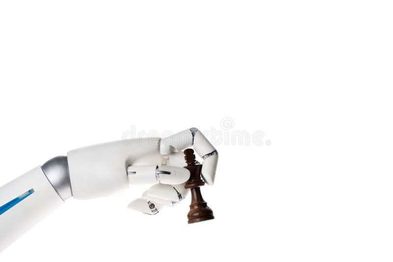 robot ręki mienia królewiątka szachowa postać odizolowywająca na bielu fotografia royalty free robot ręki mienia królewiątka szachowa postać odizolowywająca na bielu fotografia royalty free