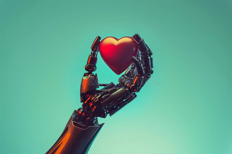Robot\'s hand holds up a red heart aigenerated stock illustration