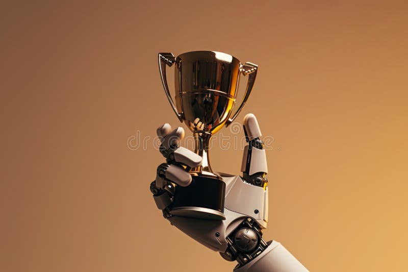 Robot\'s hand holds up a trophy. aigenerated stock illustration