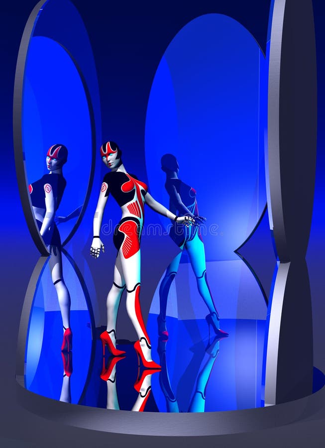 Robot`s vanity, android woman tries a red high heel shoes, 3d illustration royalty free illustration