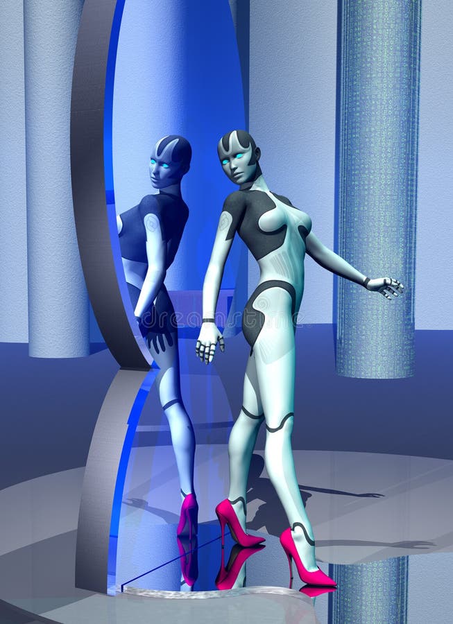 Robot`s vanity, android woman tries red high heels shoes, 3d illustration stock illustration