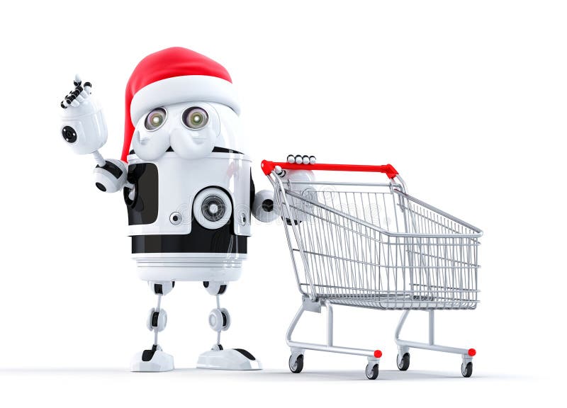 Robot Santa with shopping cart pointing at object.