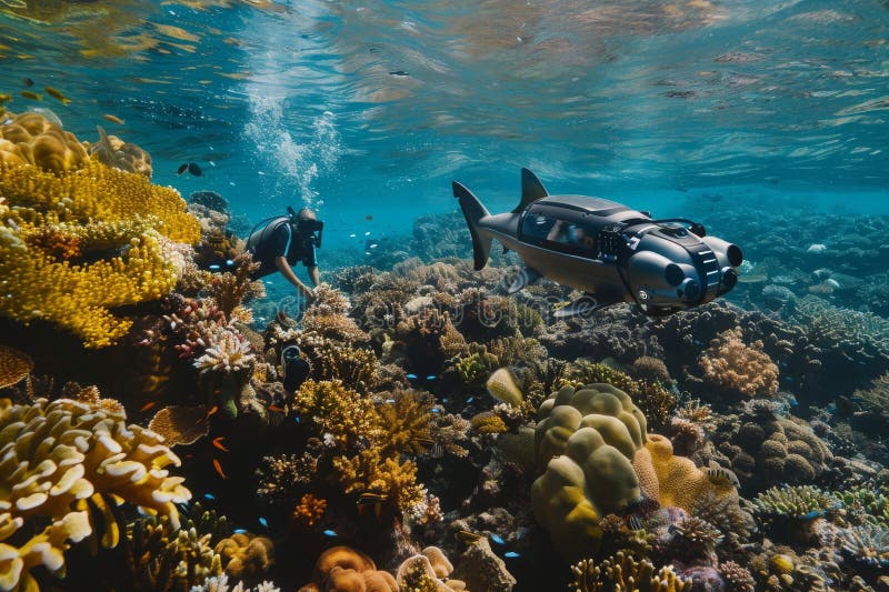 Robot shark pływa obok biologa morskiego w oceanie badając żywe życie rafy koralowej ilustracja wektor