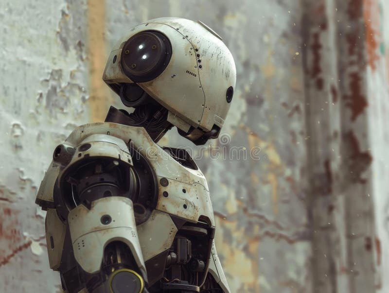 The robot, showing signs of wear, gazes at the ground in a neglected urban space as rain gently falls royalty free stock photo