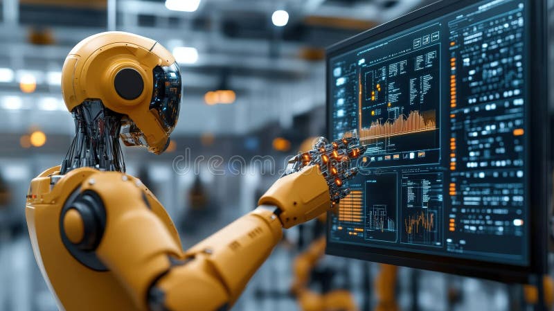 A robot is shown on a computer screen, with its hands on the screen. Generative AI. The robot is yellow and he is working on a task. Concept of technology and automation.