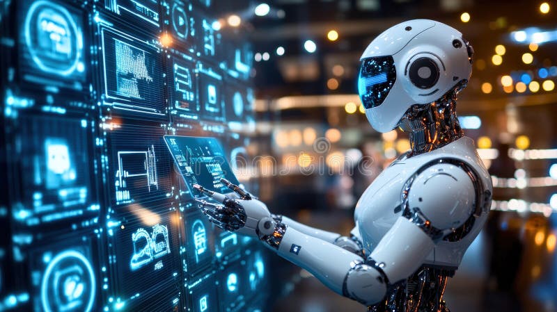 A robot is shown on a computer screen, with a tablet in its hand. Generative AI royalty free illustration