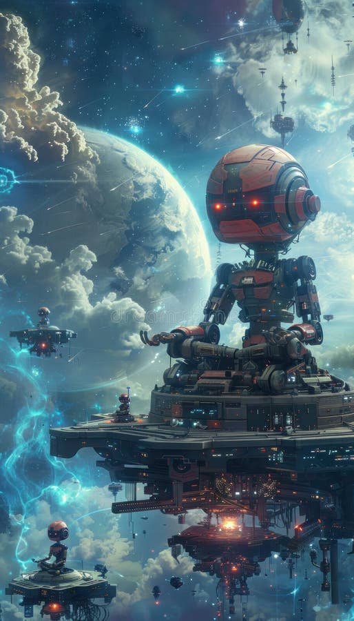 A robot sits on a floating platform in space meditating with a planet and stars in the background