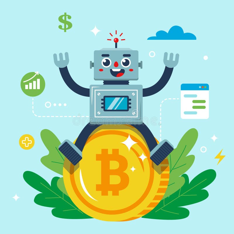 The robot is sitting on a bitcoin coin. character stock illustration The robot is sitting on a bitcoin coin. character stock illustration