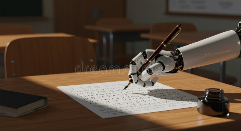 Robot skriver med en fontpenna på papper i klassrum med träburkar och bläckburkar fotografering för bildbyråer