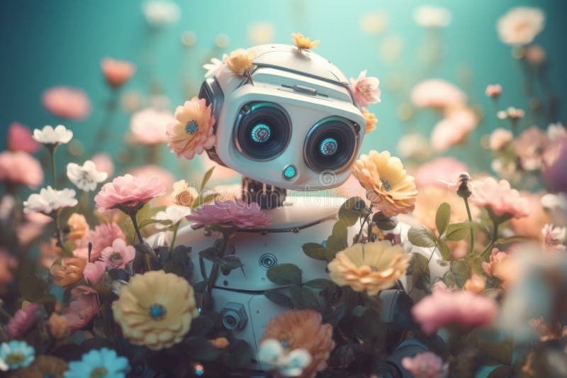 Robot smiling with flowers. Generate Ai vector illustration