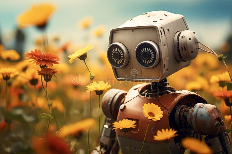 Robot smiling with flowers. Generate Ai stock illustration