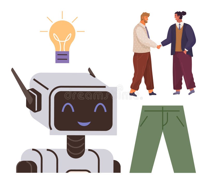 Robot smiling with glowing lightbulb, handshake between two people, and green trousers vector illustration