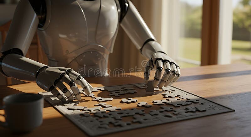 Robot Solving Jigsaw Puzzle on Wooden Table with Natural Light vector illustration
