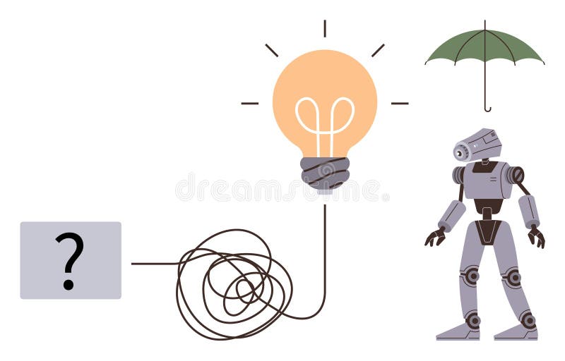 Robot Solving Problem with Creative Ideas, Protection, and Innovation vector illustration