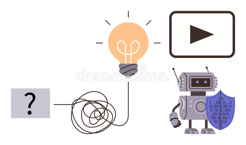 Robot Solving Problem with Innovation, Leading to Idea, Security, and Video Output stock illustration