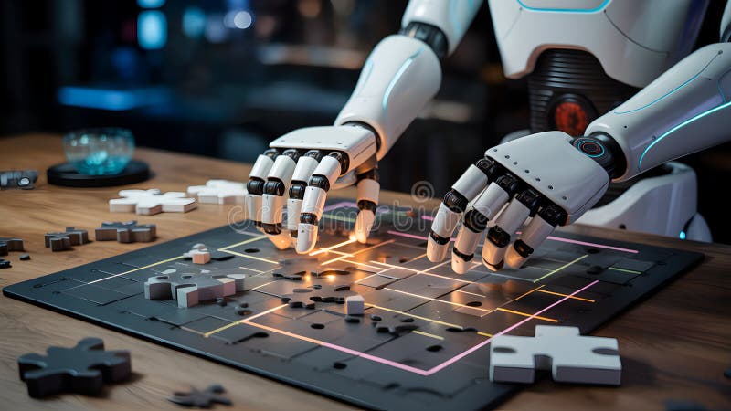 Robot solving a puzzle, highlighting artificial intelligence and problem-solving skills in a futuristic setting vector illustration